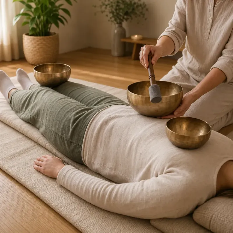 Klangschalenmassage an einer entspannt liegenden Person